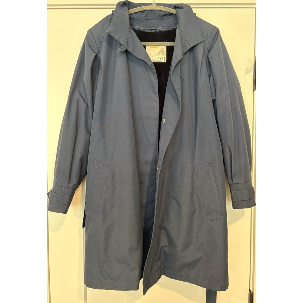 London Towne Blue Hooded Long Rain Coat 8 Regular Removable Hood/Liner 68369